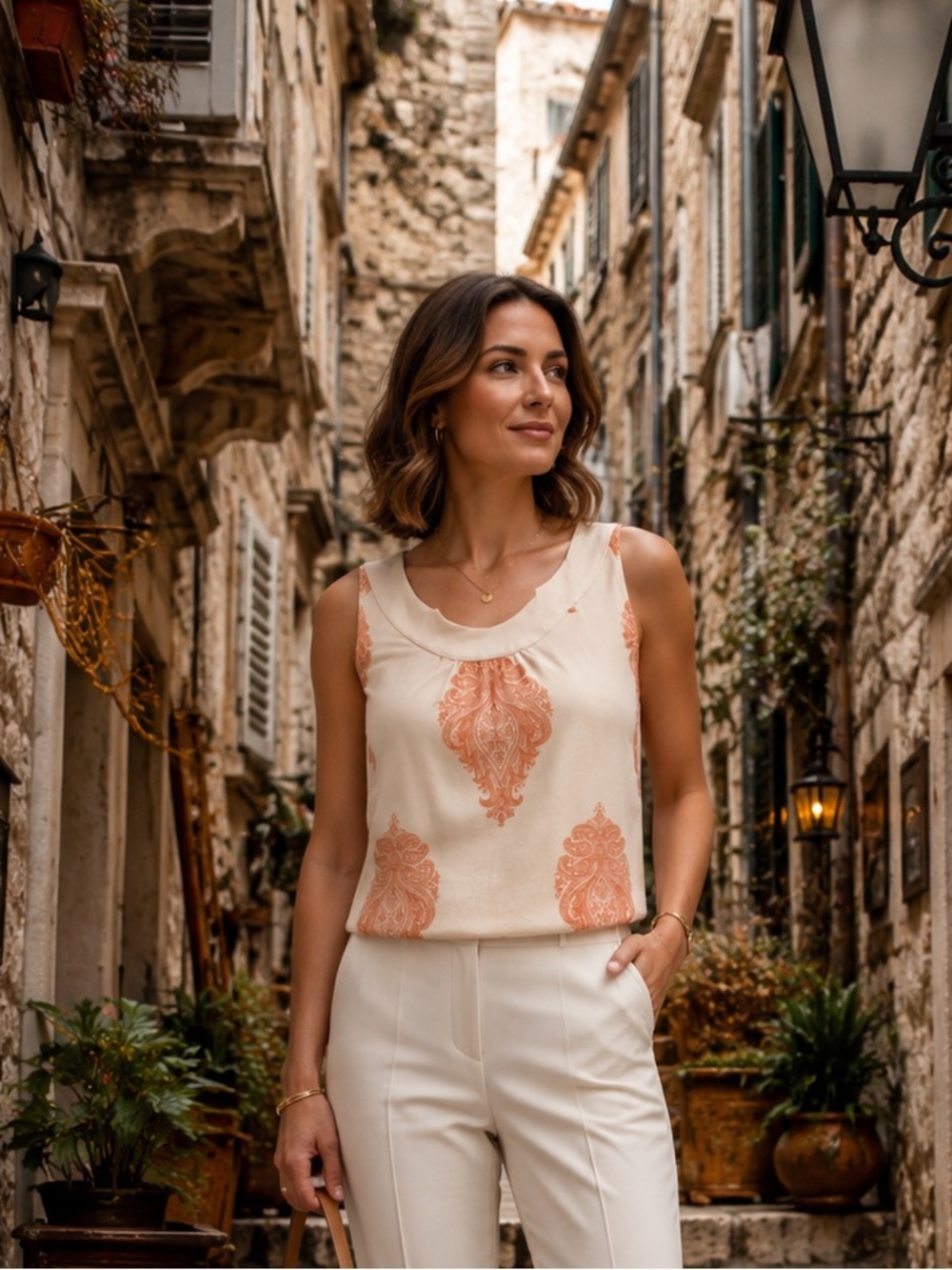 Tommy Hilfiger Sleeveless Cream & Peach Paisley Printed Shell Top L